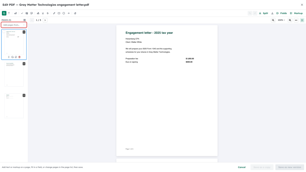 Add pages from list highlighted above the page thumbnails