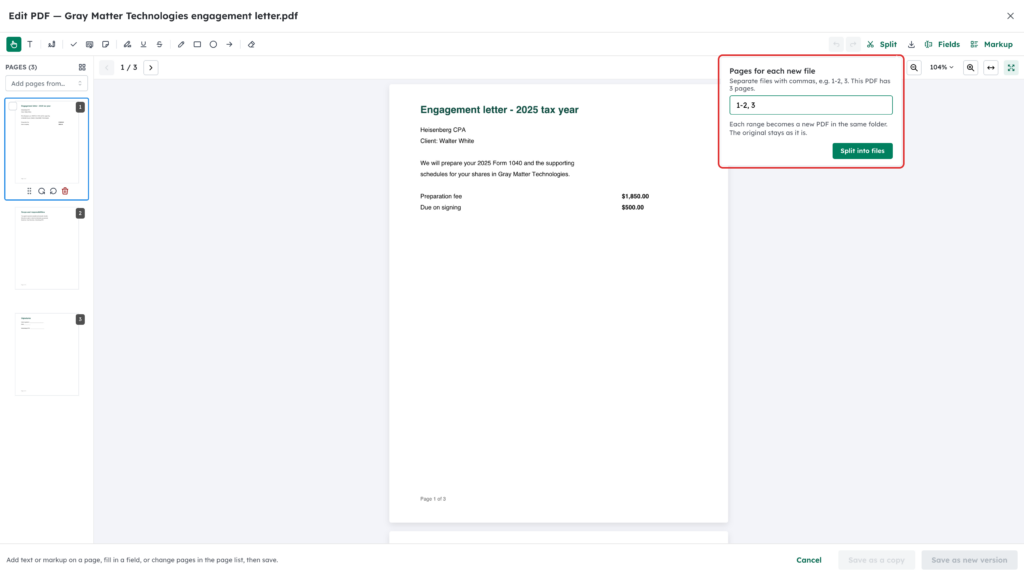 Split panel highlighted with page ranges entered