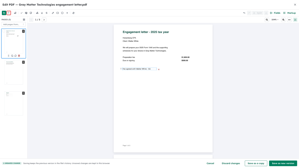 Add text tool highlighted with a typed note on the page