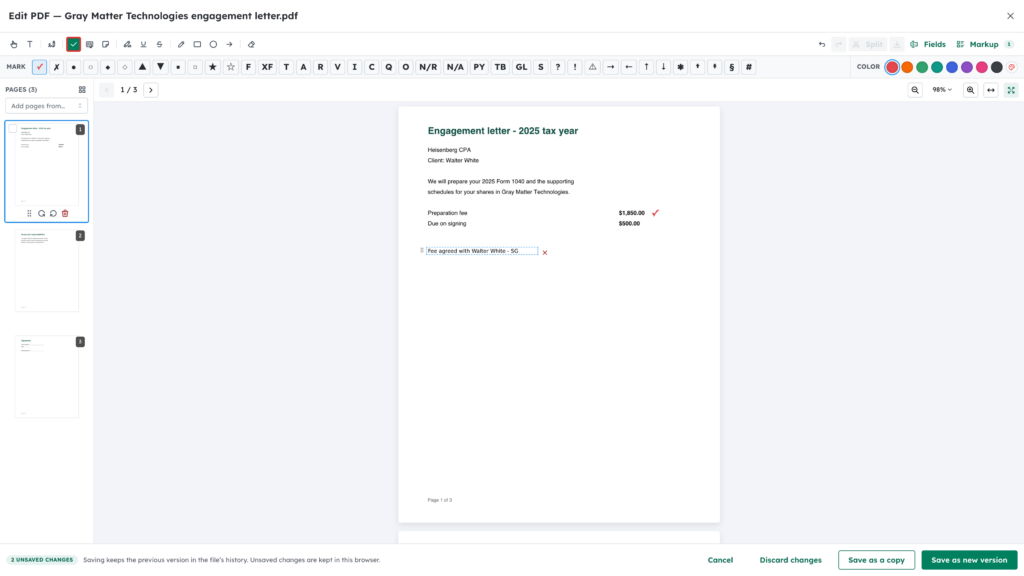 Tick mark tool highlighted with its mark palette and a tick on the page