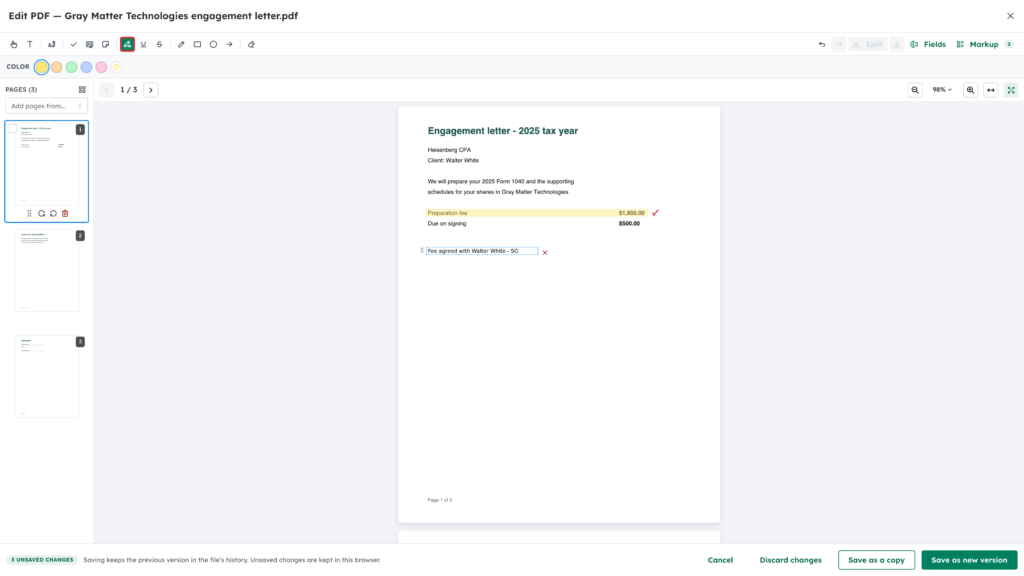 Highlight tool highlighted with a highlighted fee line on the page