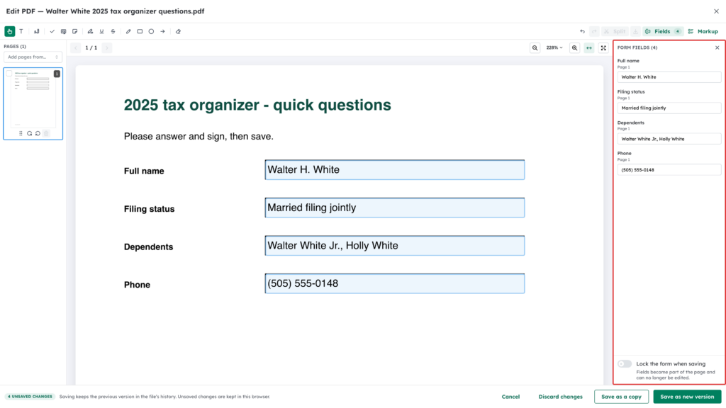 Form fields panel highlighted with Walter White's answers filled in