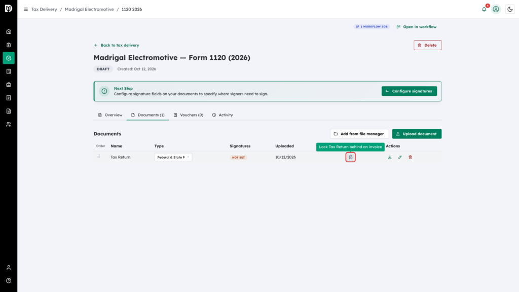 The open padlock highlighted in the Held for payment column of the Documents tab