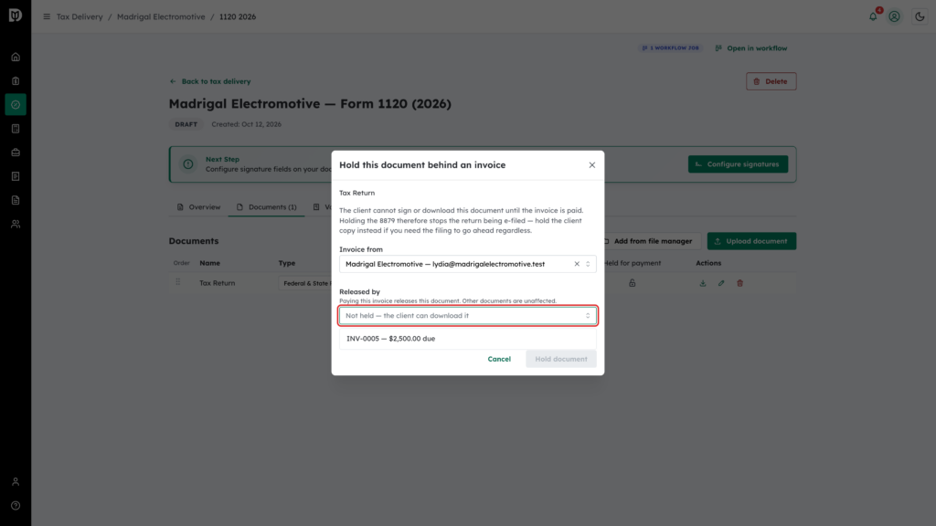 The Released by field highlighted, with invoice INV-0005 listed
