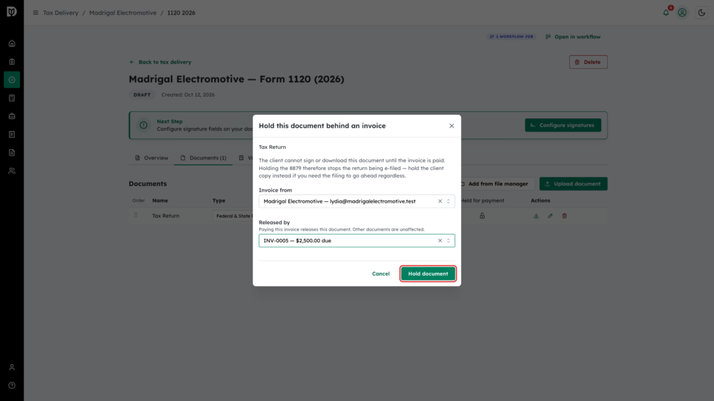 The Hold document button highlighted after choosing INV-0005
