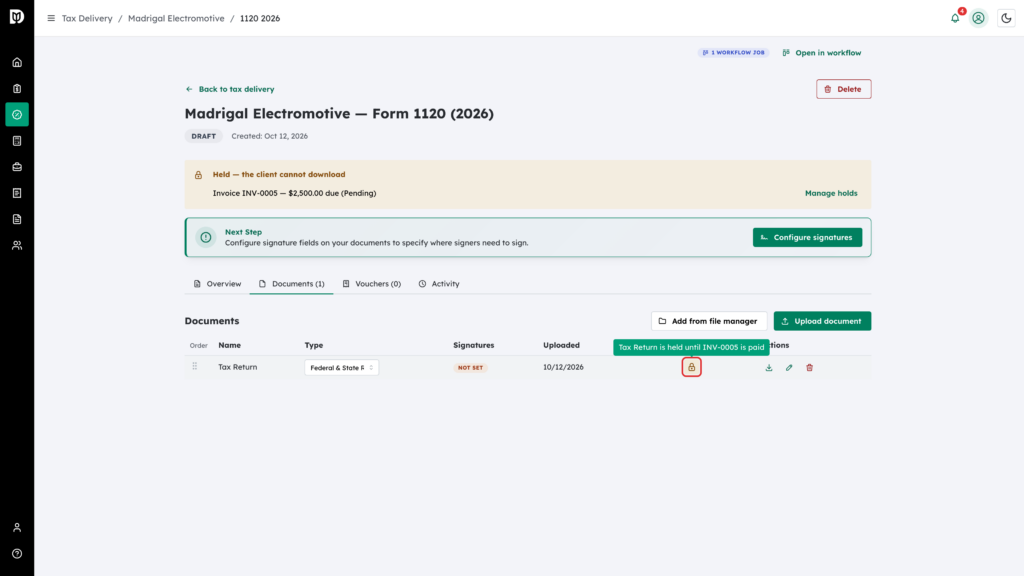 The closed padlock highlighted with the tooltip Tax Return is held until INV-0005 is paid