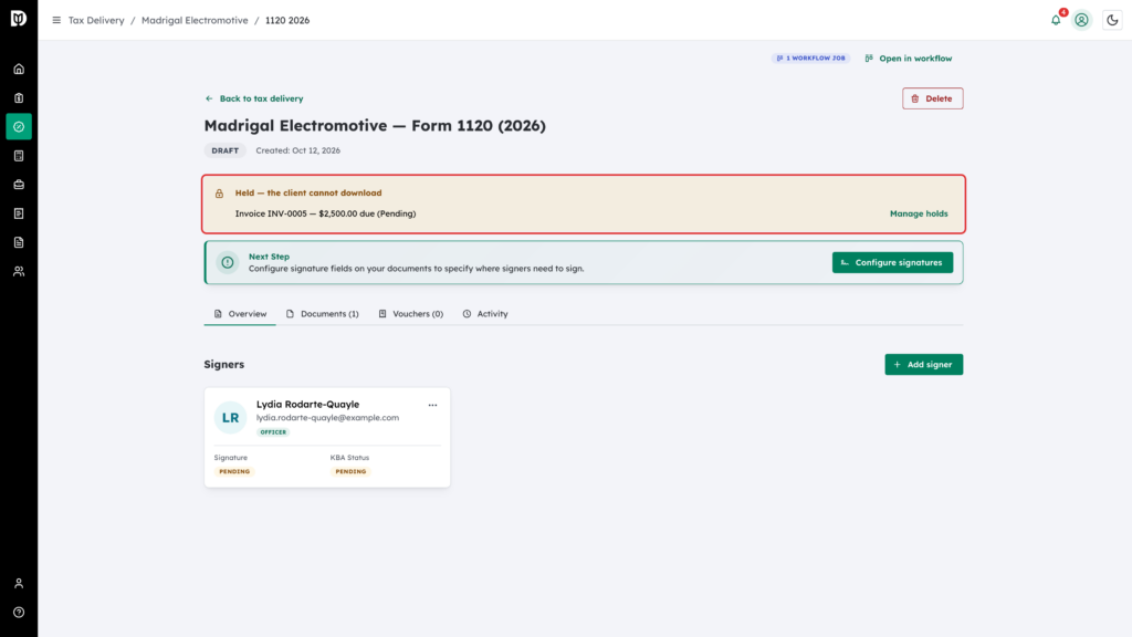 The Held — the client cannot download banner highlighted at the top of the tax delivery, with Manage holds