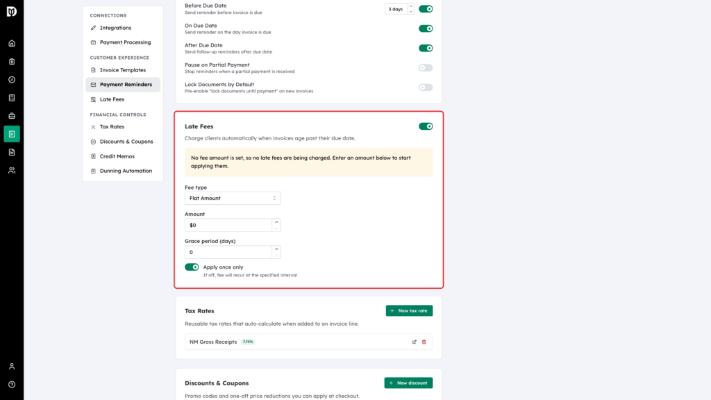 Late Fees card highlighted, switched on with the warning that no fee amount is set