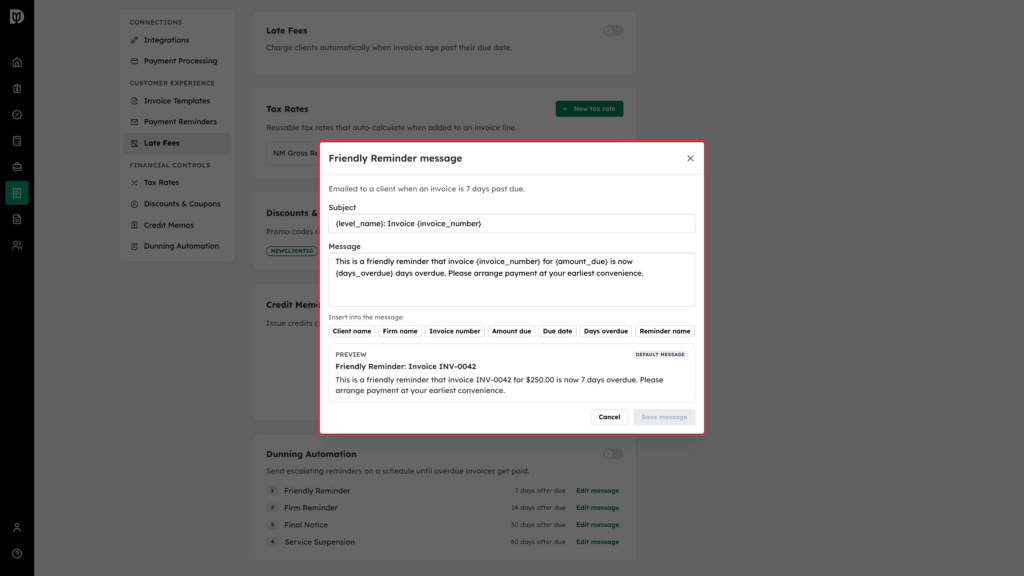 Friendly Reminder message editor highlighted, with Subject, Message, placeholder buttons and a preview
