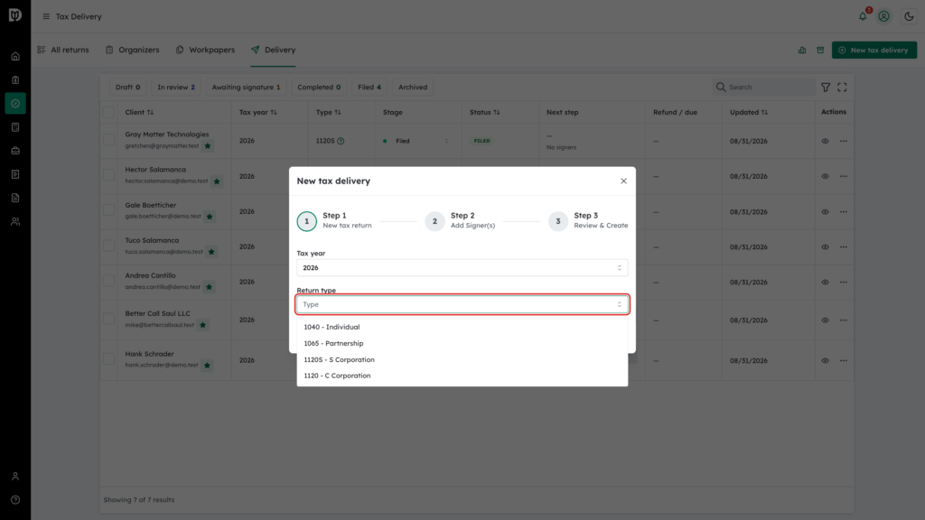 The Return type dropdown highlighted, showing the 1040, 1065, 1120S and 1120 options