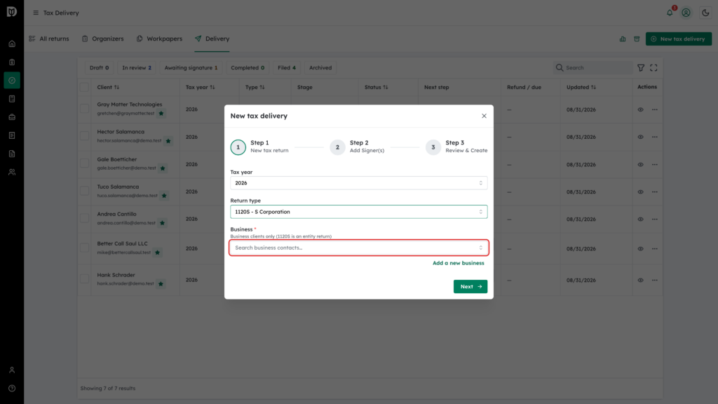 The Business field highlighted after choosing the 1120S return type