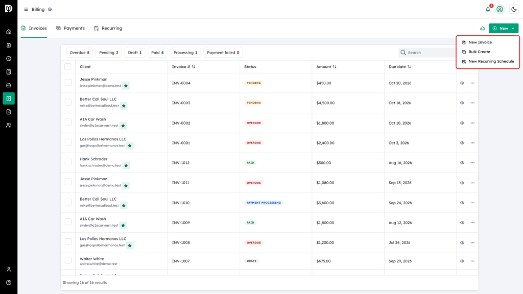 New menu highlighted, showing New Invoice, Bulk Create and New Recurring Schedule