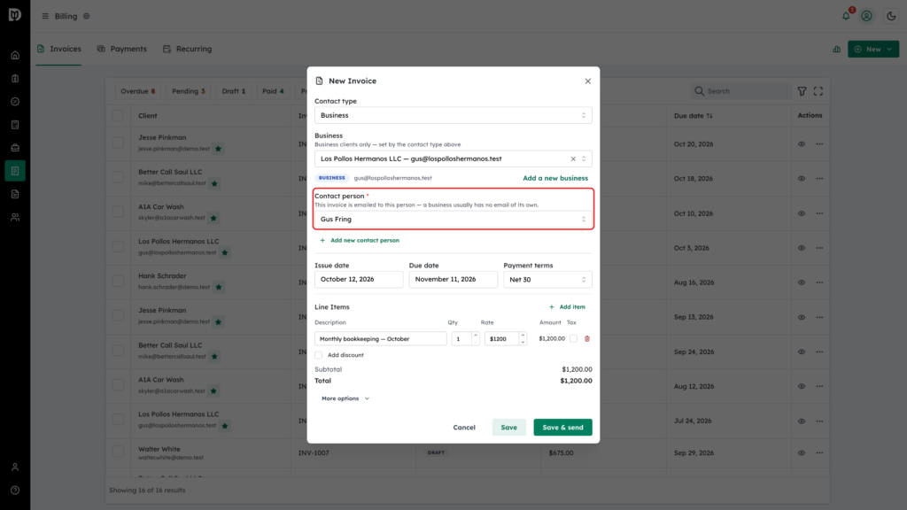 Contact person field highlighted on a New Invoice for a business