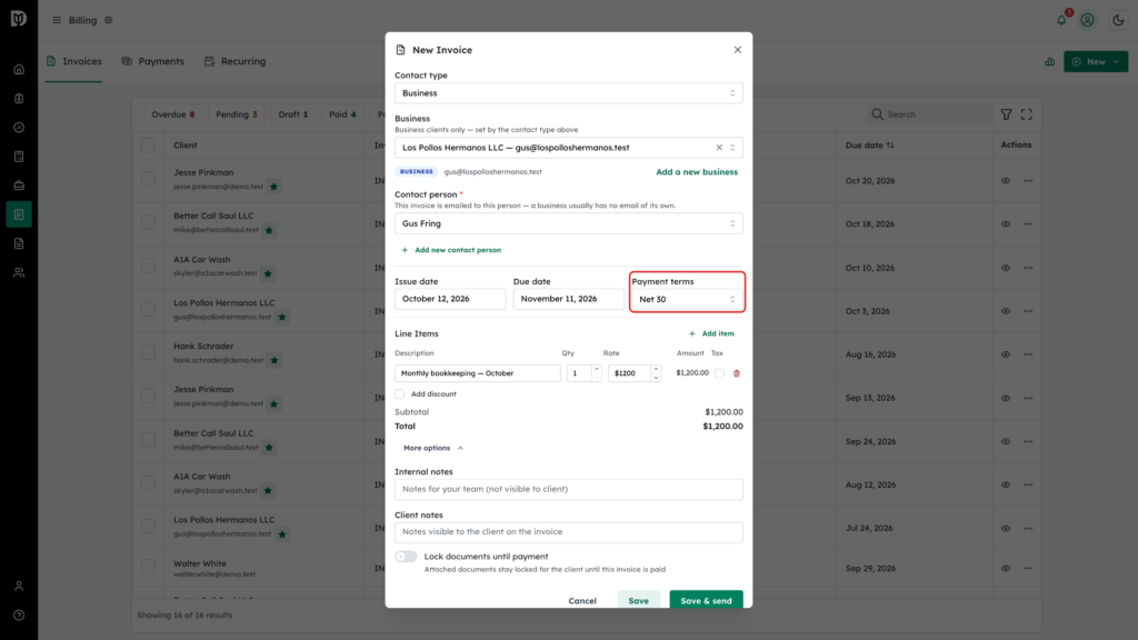 Payment terms field highlighted on the New Invoice form