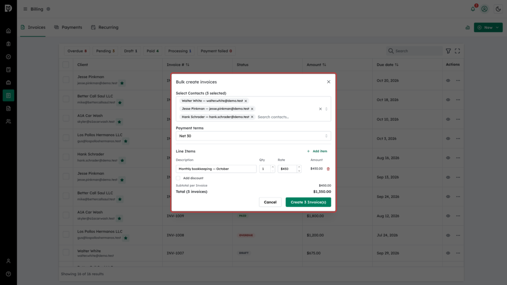 Bulk create invoices window highlighted, with three clients selected