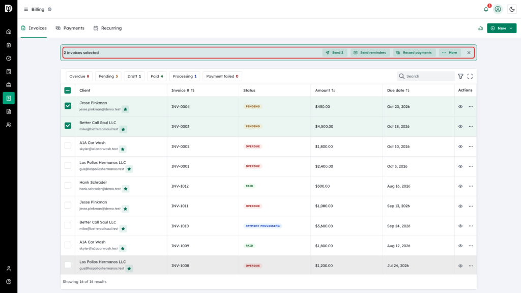 Bulk action bar highlighted, with two invoices selected