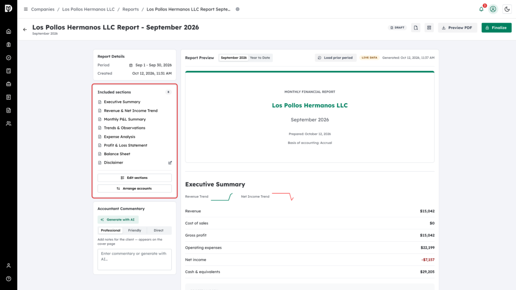 Included sections card highlighted in the report workspace