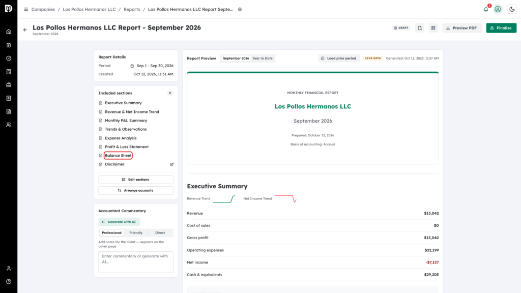 Balance Sheet link highlighted in the Included sections list