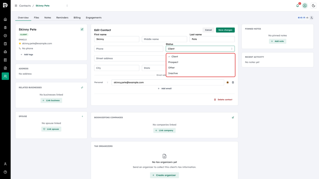 Status list open with Inactive among the options