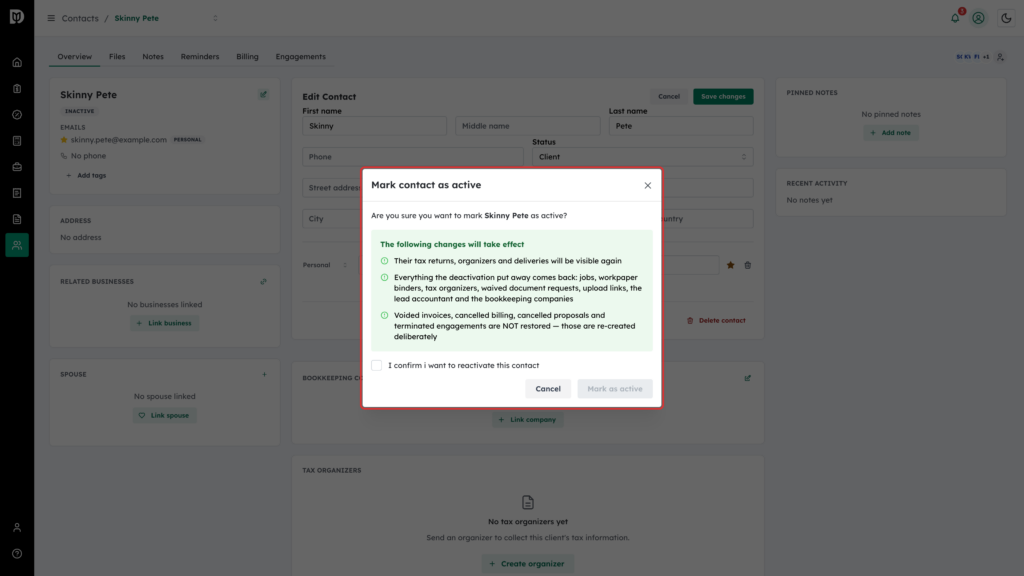 Mark contact as active window highlighted, listing what is and is not restored