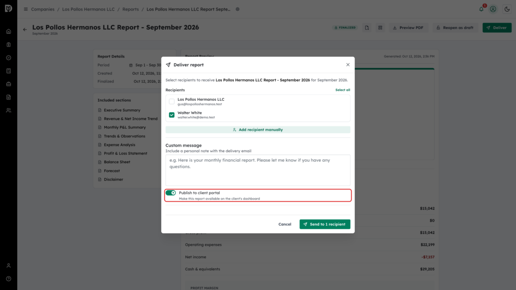Publish to client portal switch turned on in the Deliver report window
