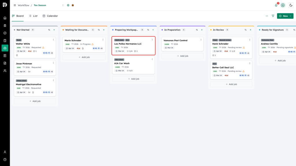 The client's job card highlighted on the workflow board