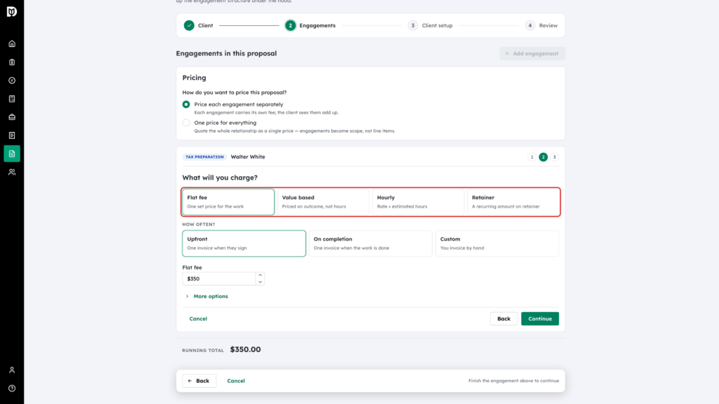 Pricing model cards highlighted: Flat fee, Value based, Hourly and Retainer