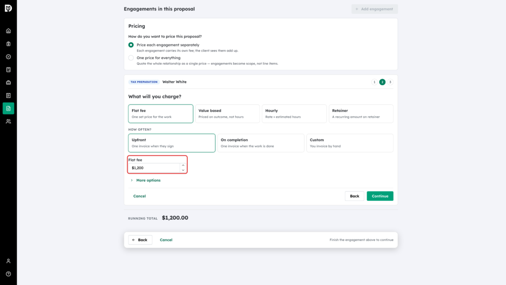 Flat fee amount box highlighted on the What will you charge? step