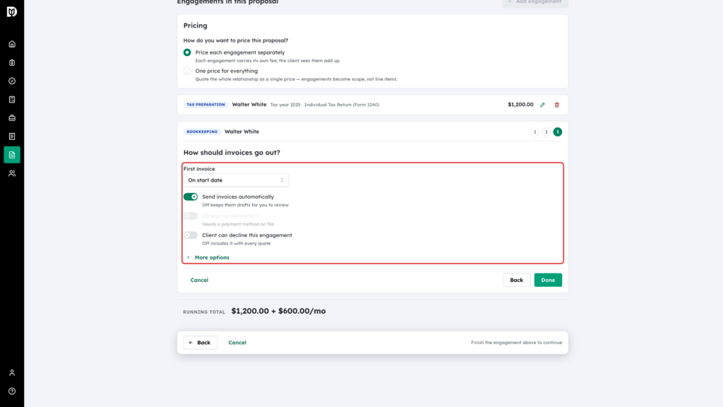 Billing controls highlighted: First invoice, Send invoices automatically, Charge saved method and Client can decline this engagement