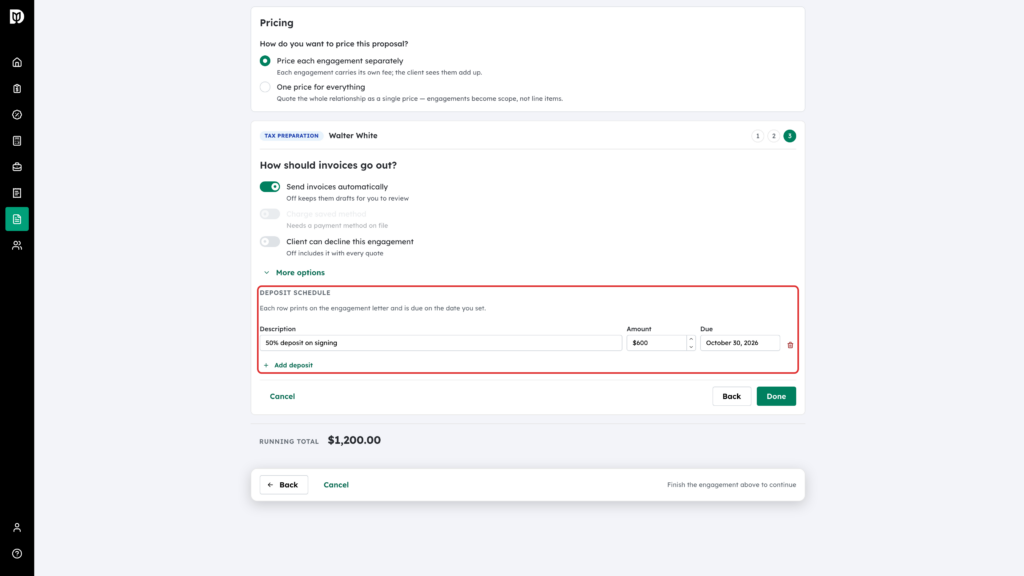 Deposit schedule row highlighted with description, amount and due date