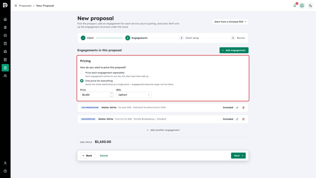 Pricing panel highlighted with One price for everything selected and the Price and Bills fields