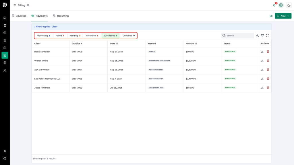 Payment status quick filters highlighted on the Payments tab