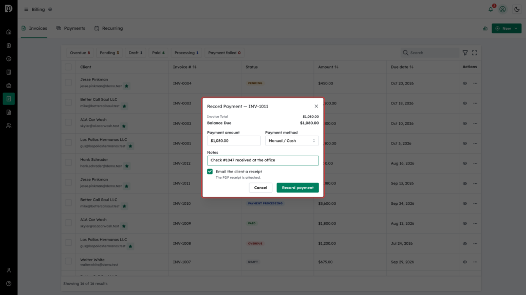 Record Payment window highlighted, with Manual / Cash selected and Email the client a receipt ticked