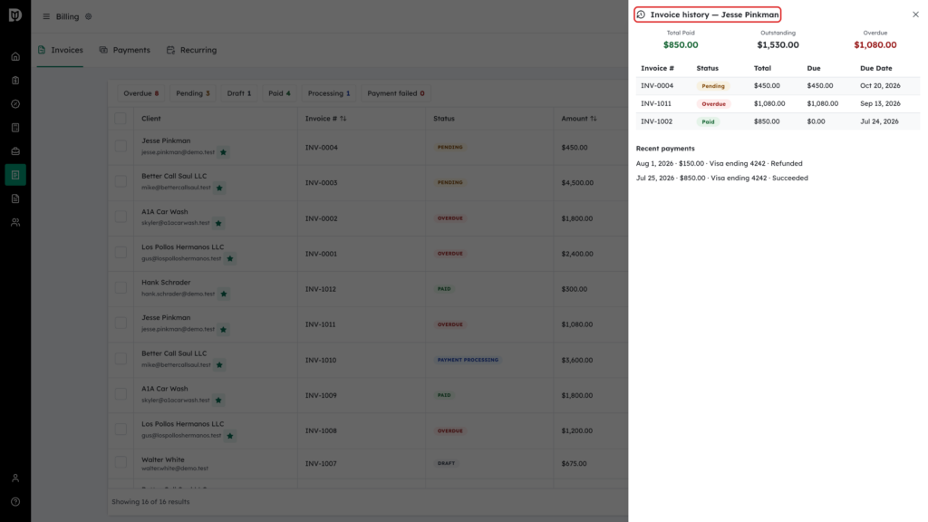 Invoice history drawer title highlighted for a client