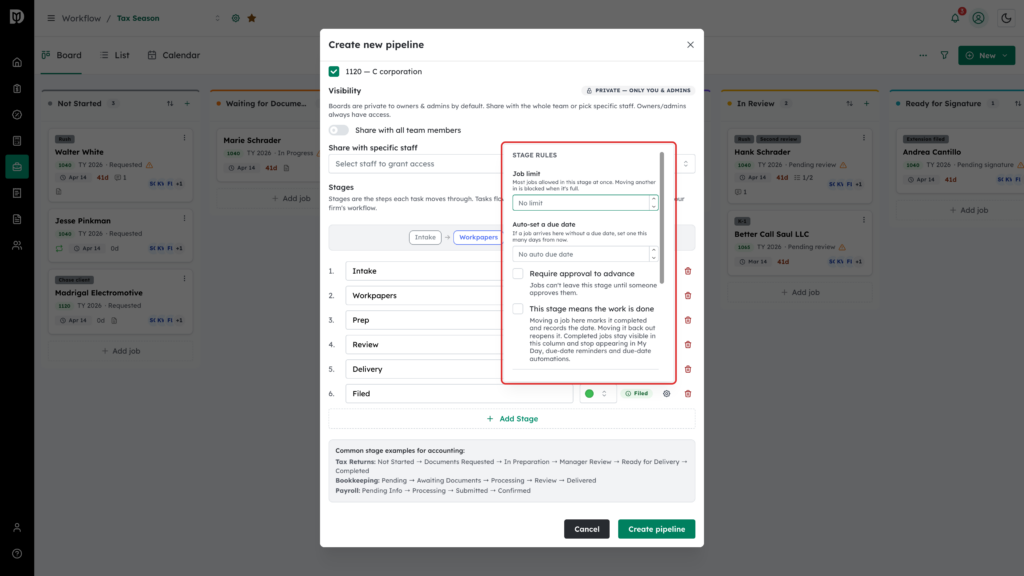 Advanced stage settings highlighted, showing Job limit, Auto-set a due date, Require approval to advance and This stage means the work is done