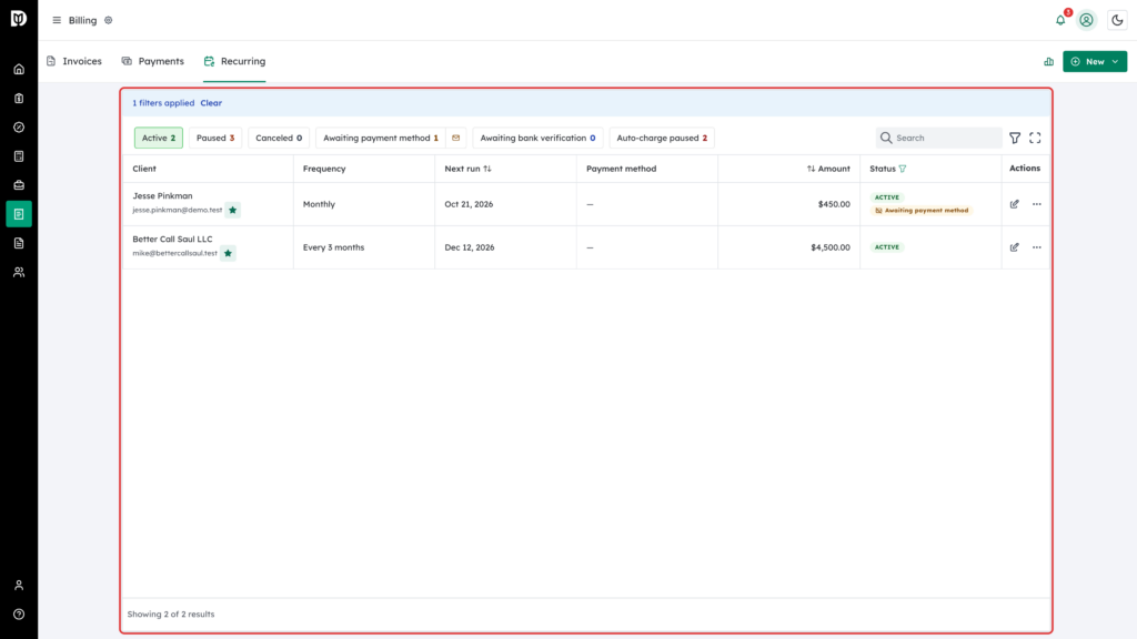 Recurring tab table highlighted, filtered to active schedules