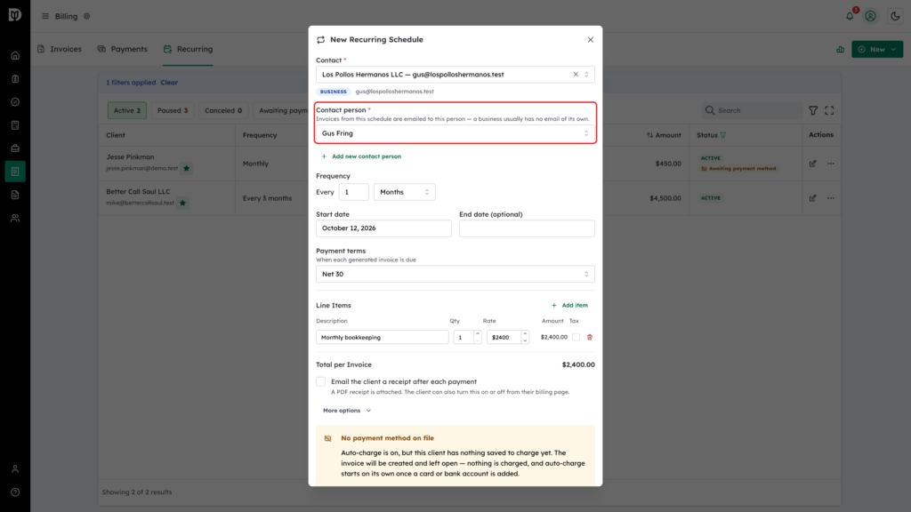 Contact person field highlighted in the New Recurring Schedule form for a business