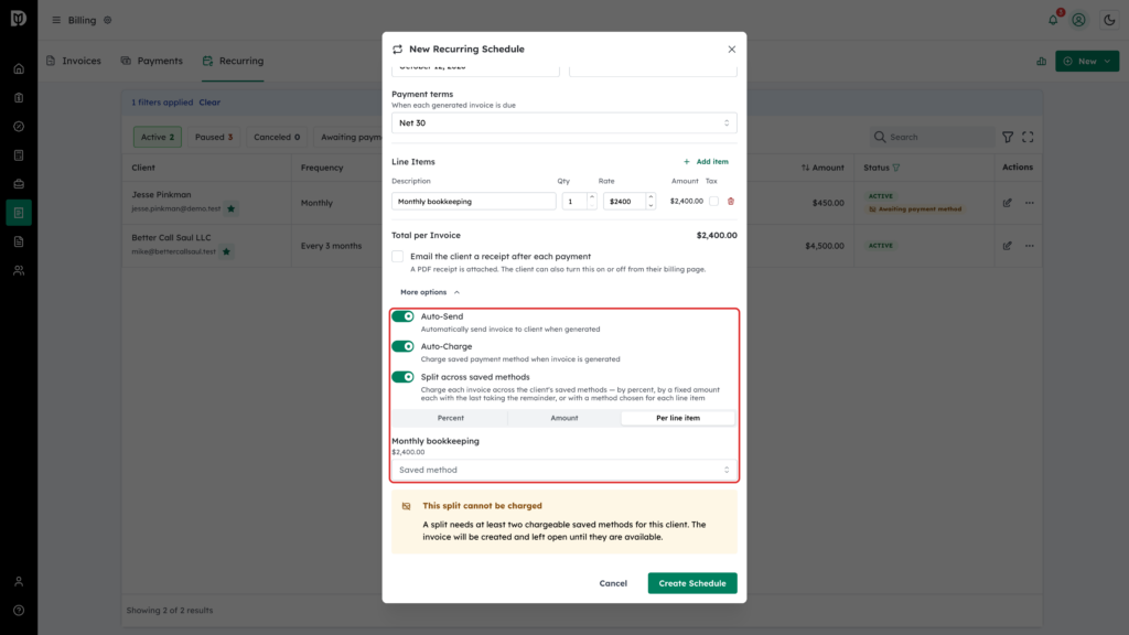 Auto-Send, Auto-Charge and Split across saved methods options highlighted, below the receipt checkbox