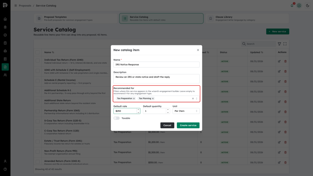 Recommended for field highlighted with two engagement types picked in the New catalog item window