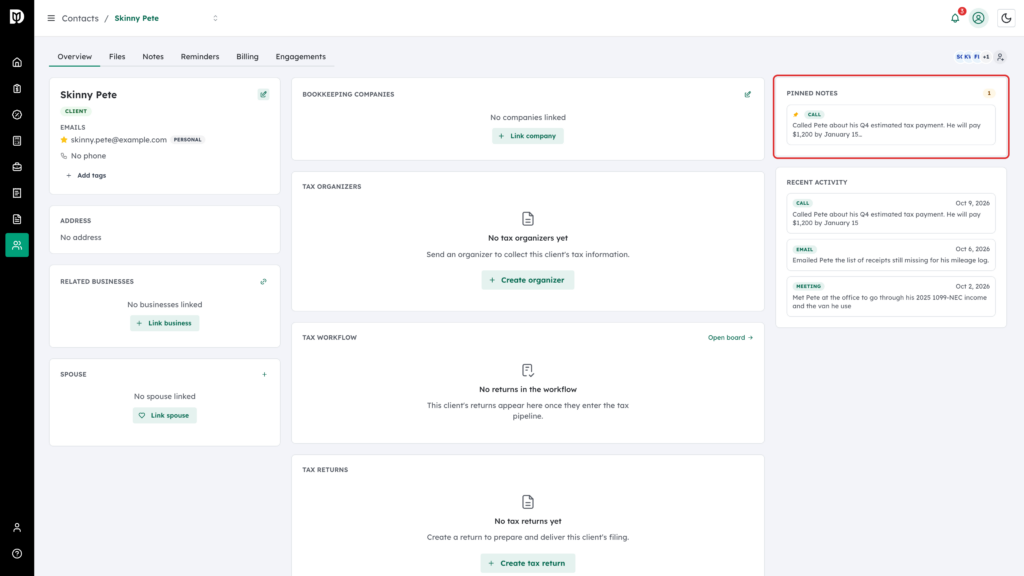 The Pinned Notes panel highlighted on the contact Overview tab, with Recent activity below it