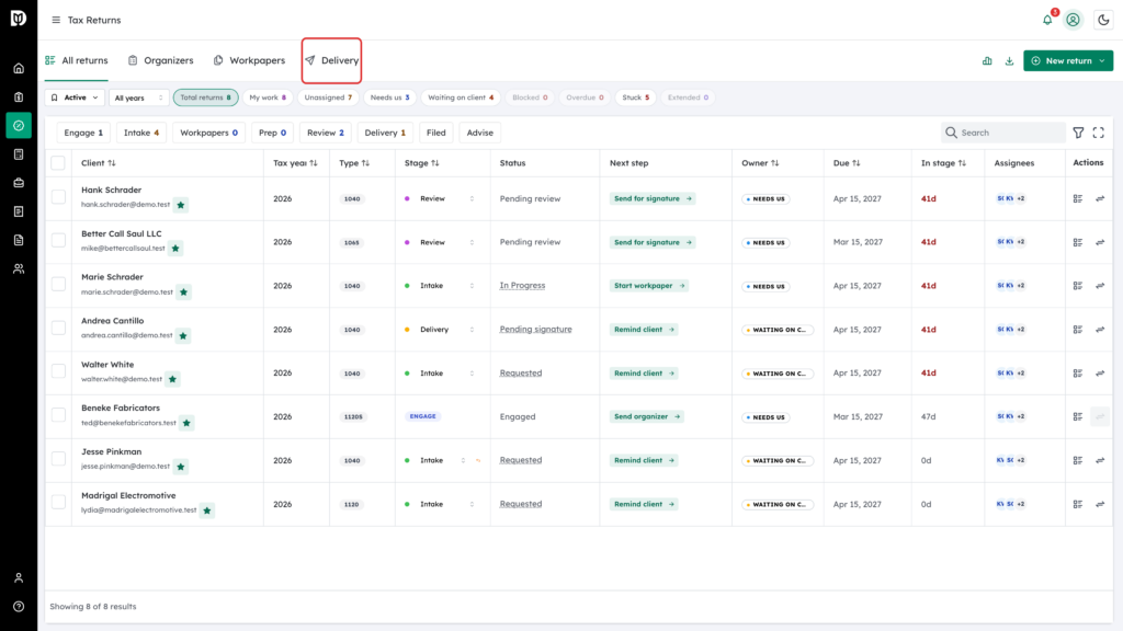 The Delivery tab highlighted next to All returns, Organizers and Workpapers