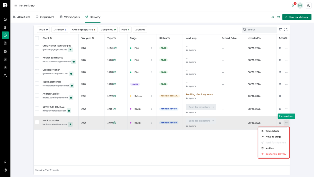 The More actions menu highlighted with View details, Move to stage, Send for signature, Archive and Delete tax delivery