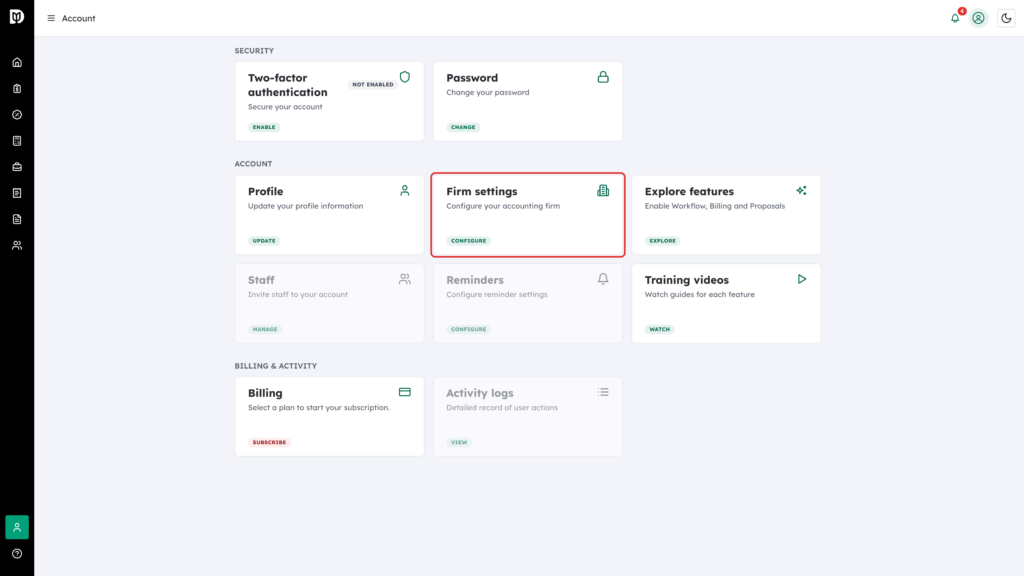 The Firm settings card highlighted on the Account page