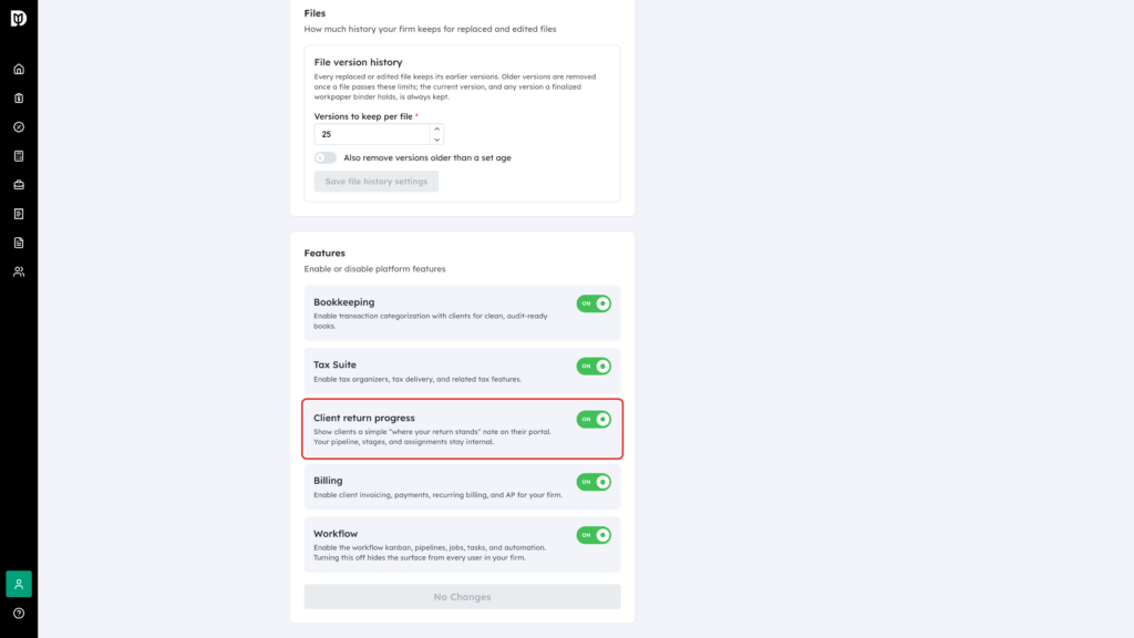 The Client return progress switch highlighted under Features in Firm settings