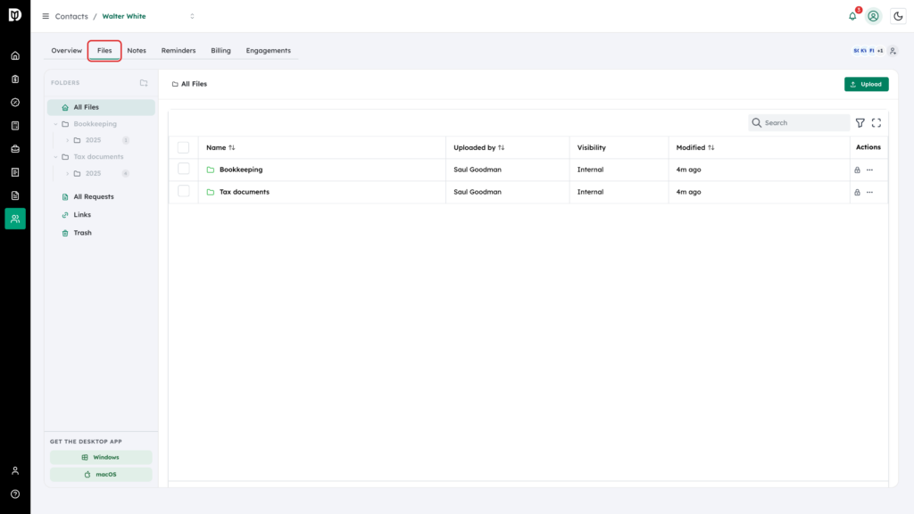 Files tab highlighted on Walter White's contact page