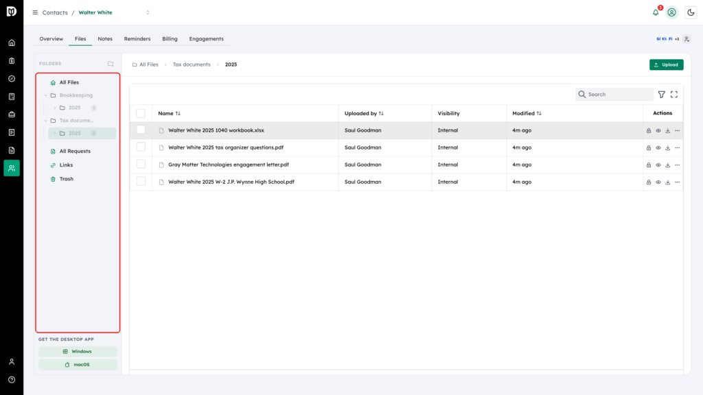 Folder tree highlighted, showing Bookkeeping and Tax documents with their 2025 folders
