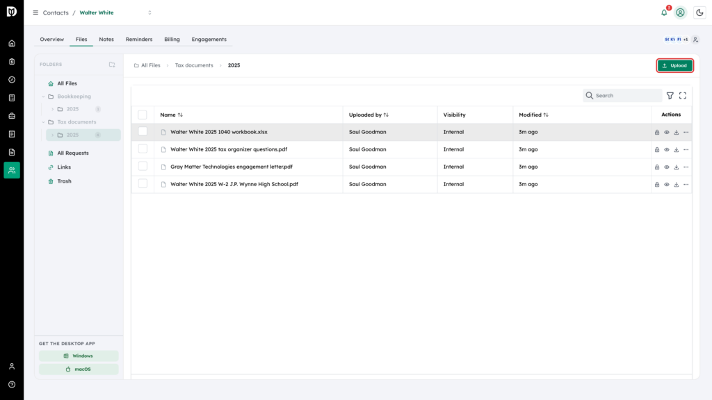 Upload button highlighted in the 2025 folder