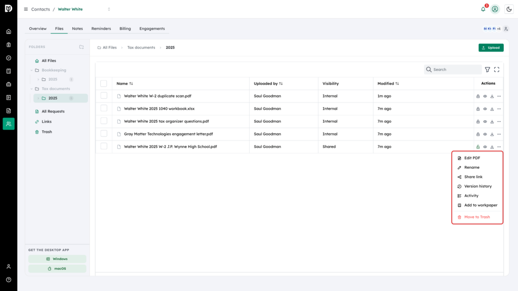 More actions menu highlighted on a file row