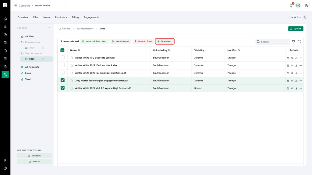 Download button highlighted in the bulk actions bar with two files selected