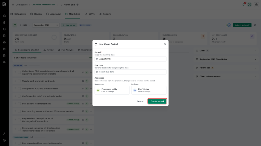 Highlighted Create period button in the New Close Period window